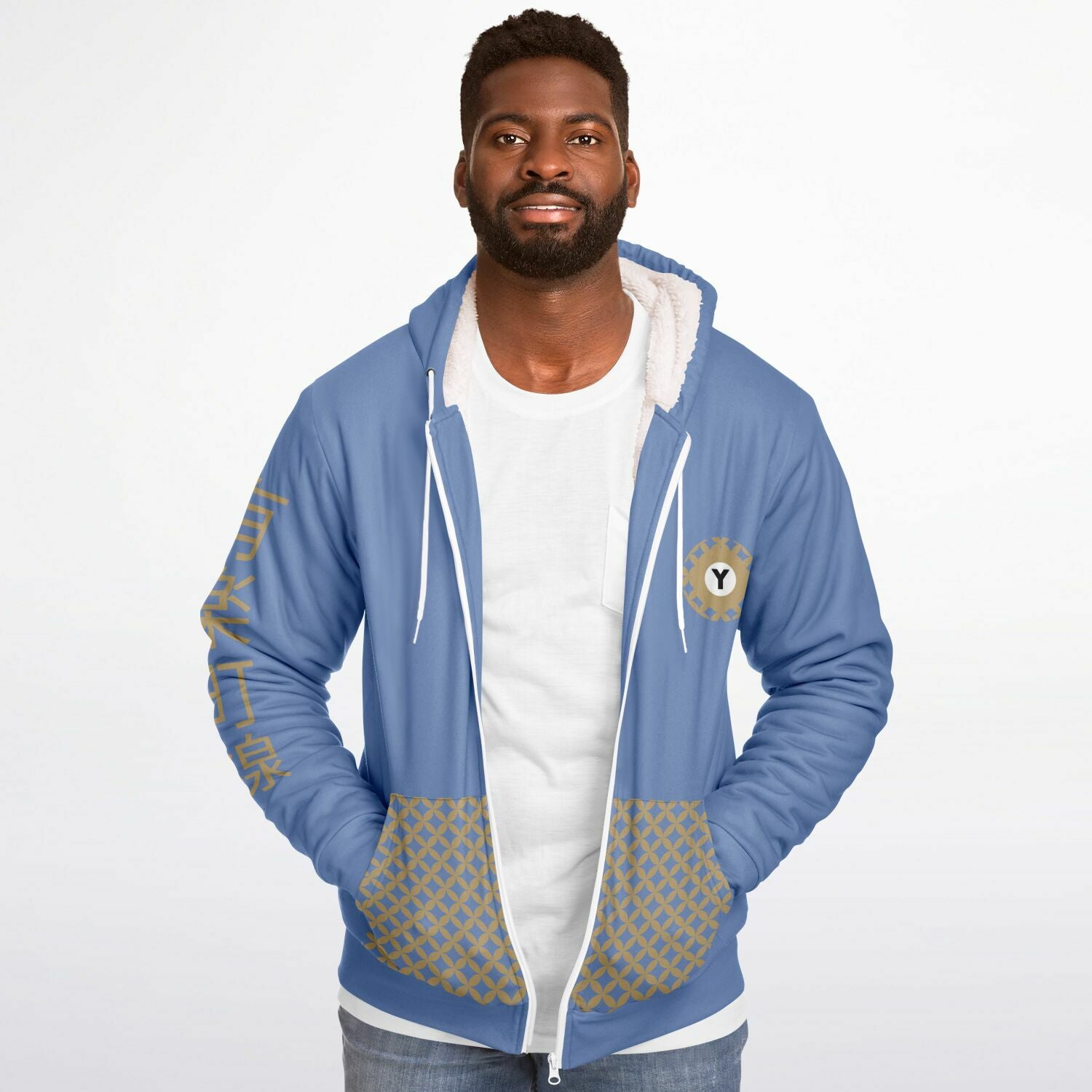 Yurakucho Line Ultra-Soft Microfleece Blue and Gold Zip Hoodie