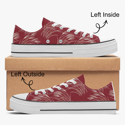 A pair of low-top canvas sneakers shown on a plain light background, with one shoe resting on top of a brown shoebox and the other below. Black arrows and text label the left inside and left outside views.