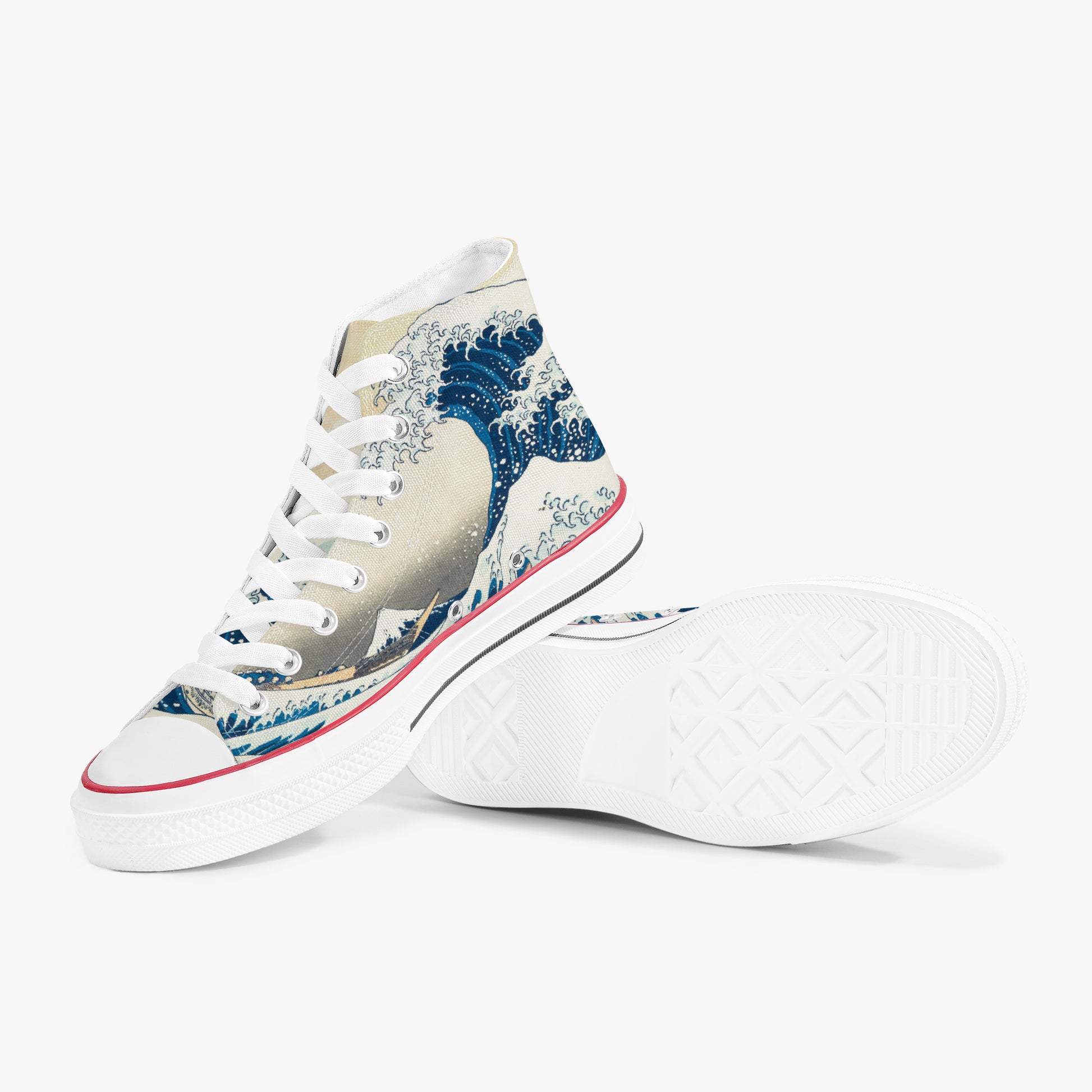 White sneakers with blue wave design on a white background