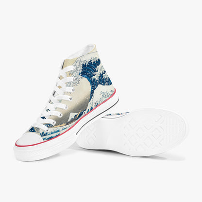 White sneakers with blue wave design on a white background