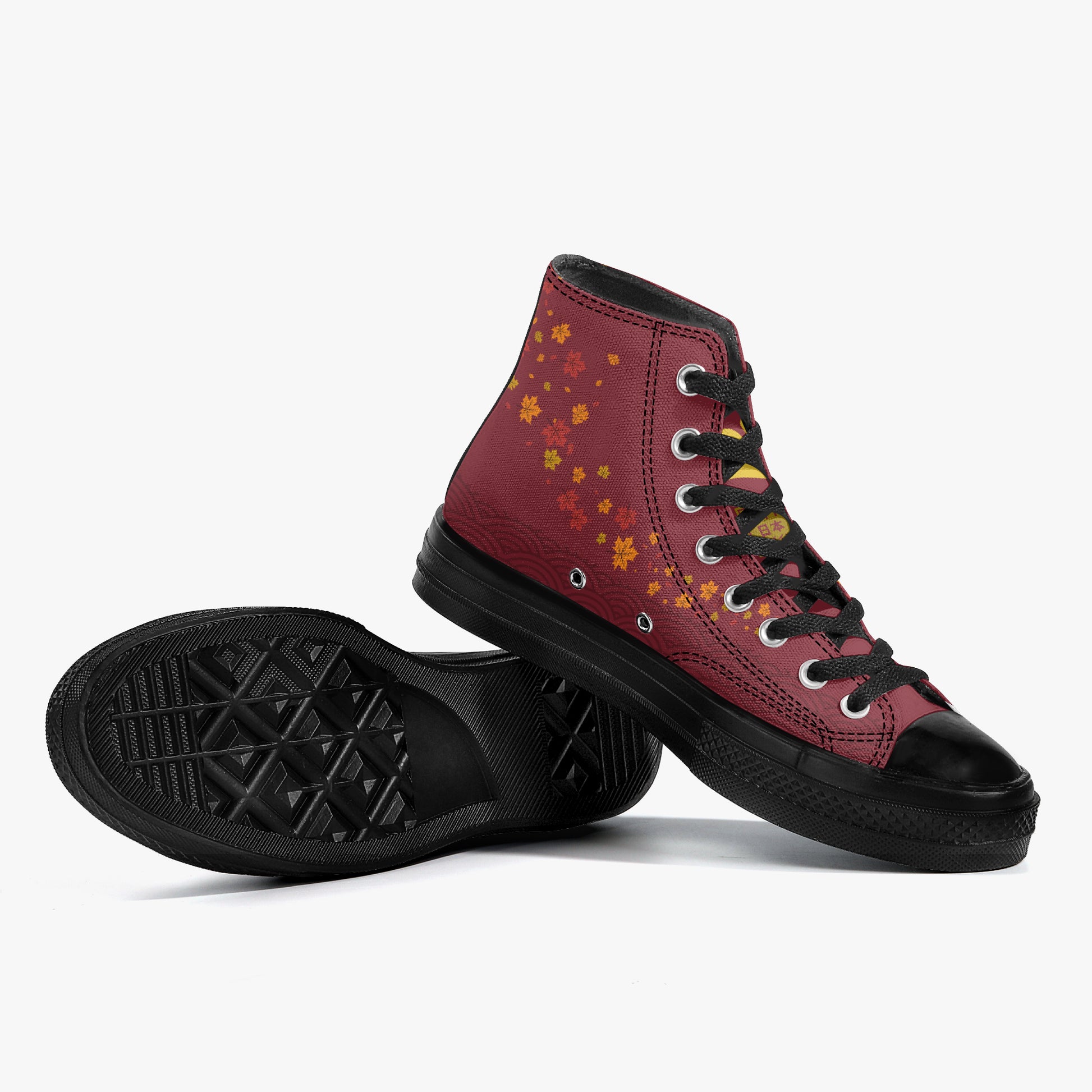 Red high-top sneakers with black soles on a white background