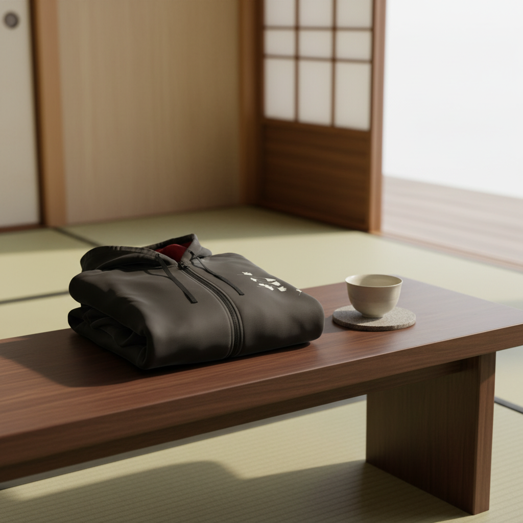 A folded black zippered jacket or hoodie with a small white chest logo sits on a low wooden table in a minimalist Japanese-style room with tatami flooring and shoji screens.