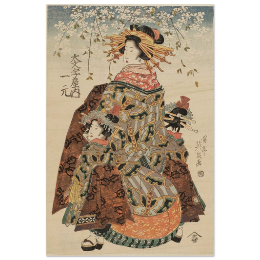 Traditional Japanese artwork of a woman in elaborate clothing with cherry blossoms.