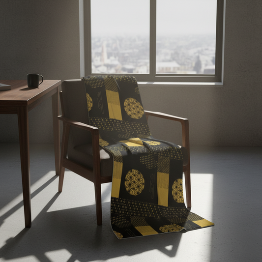 Chair with a patterned cover in a room with a large window