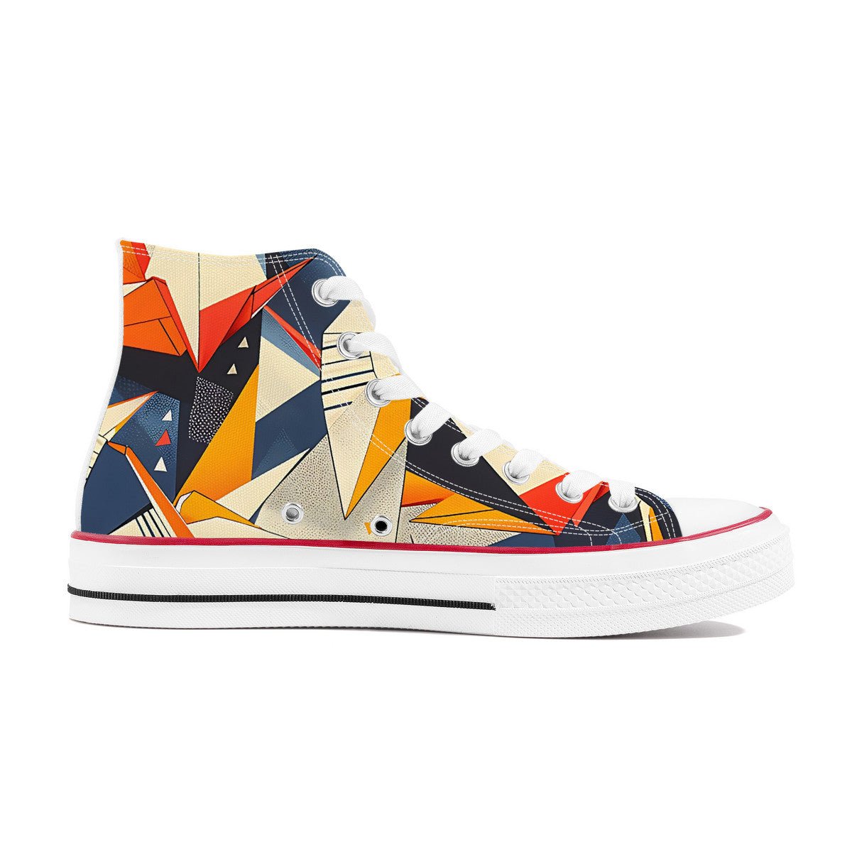 Colorful abstract geometric pattern high top canvas sneakers with Japanese origami style.