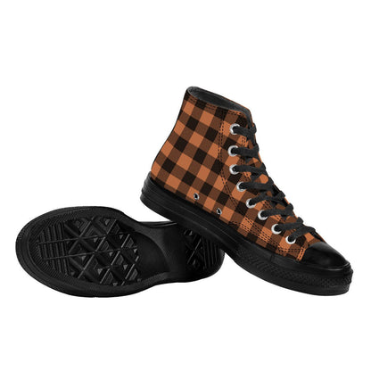Black and brown checkered pattern canvas high top sneakers with Japanese Wagara design.