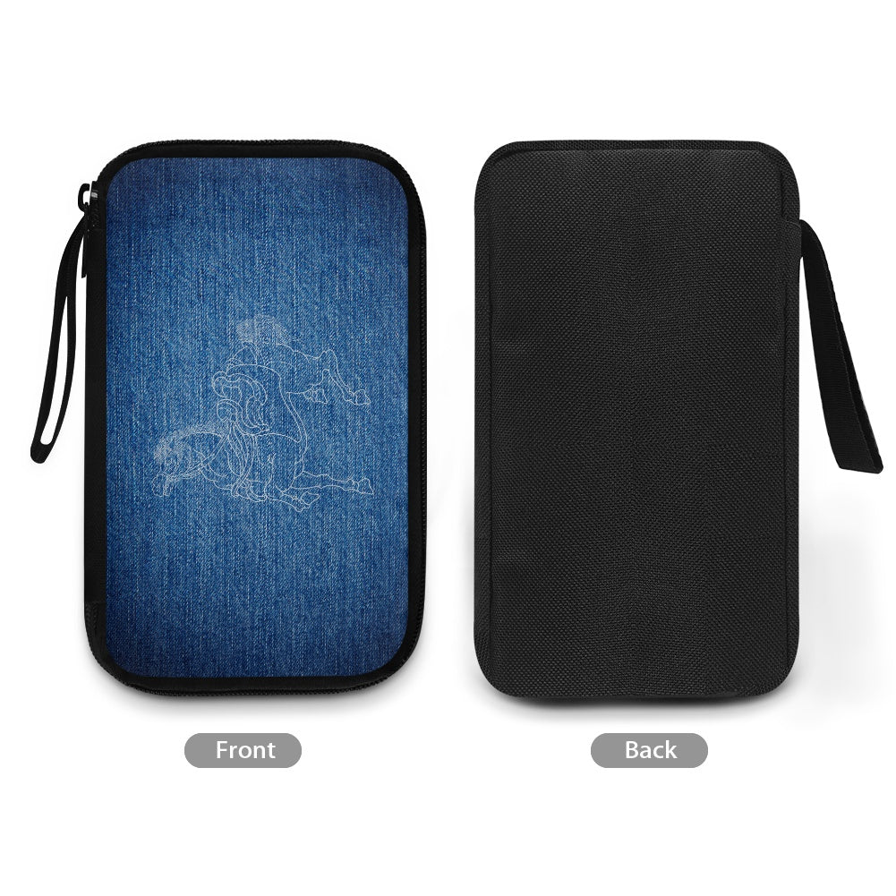 Blue denim-patterned case with white design on front, black case on back, on a white background