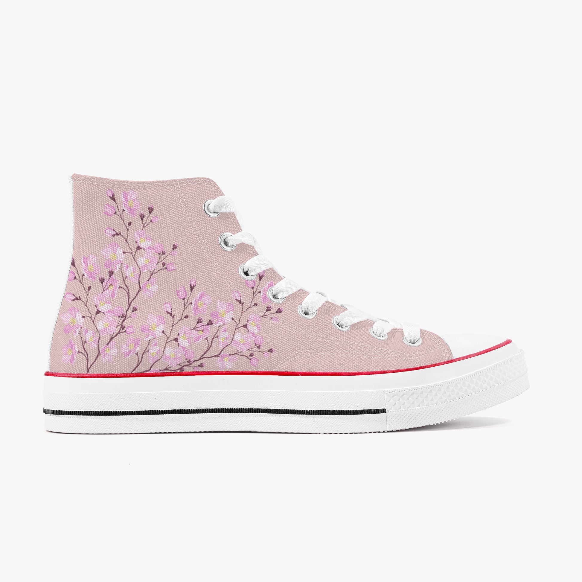 Pink high-top sneaker with floral design on a white background