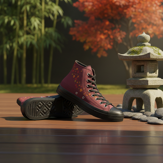 A pair of high-top sneakers in a dark burgundy red with small gold leaf patterns, displayed on a wooden deck with a stone lantern and bamboo in the background.