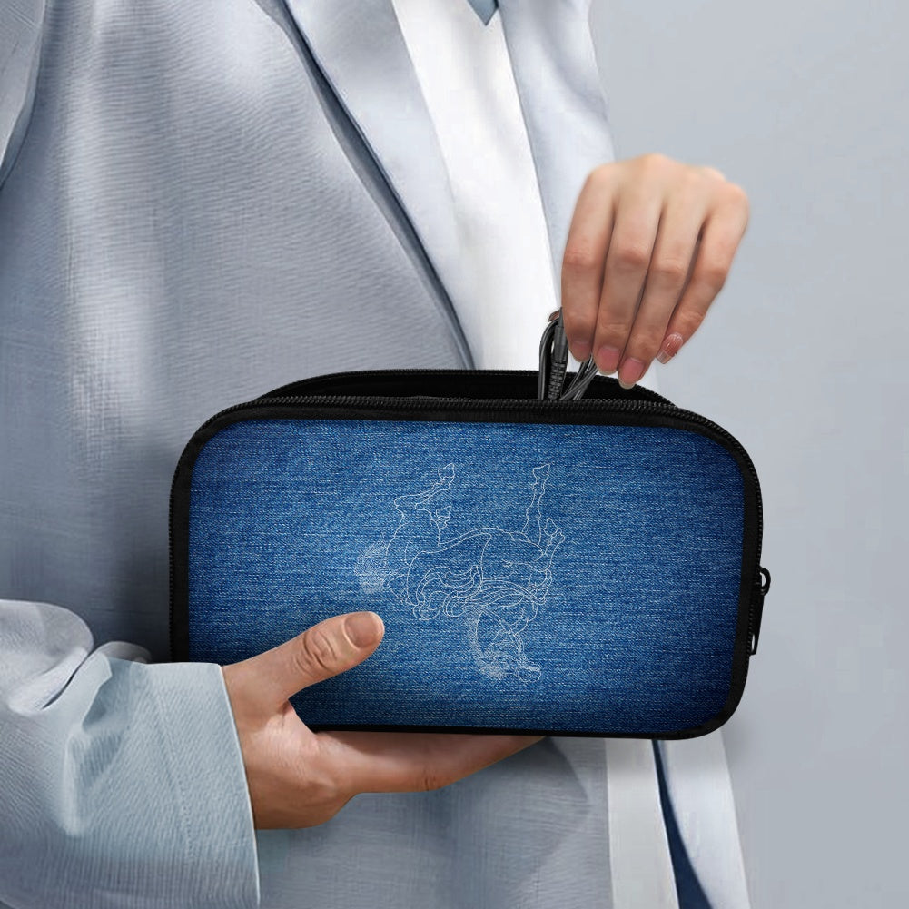Person holding a blue carrying case with a logo on a gray background