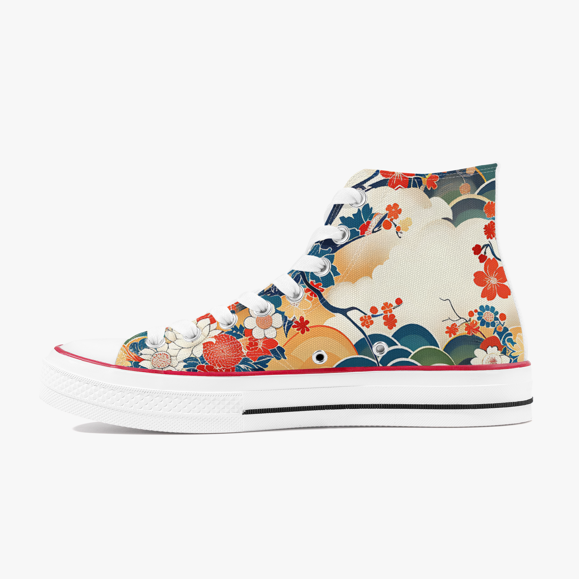Colorful high-top sneaker with floral and wave design on a white background