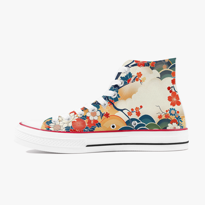 Colorful high-top sneaker with floral and wave design on a white background