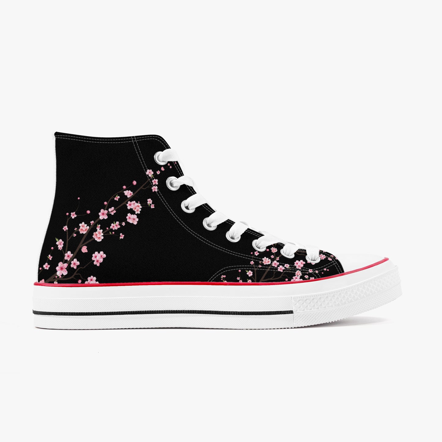 Black high-top sneaker with pink floral design on a white background