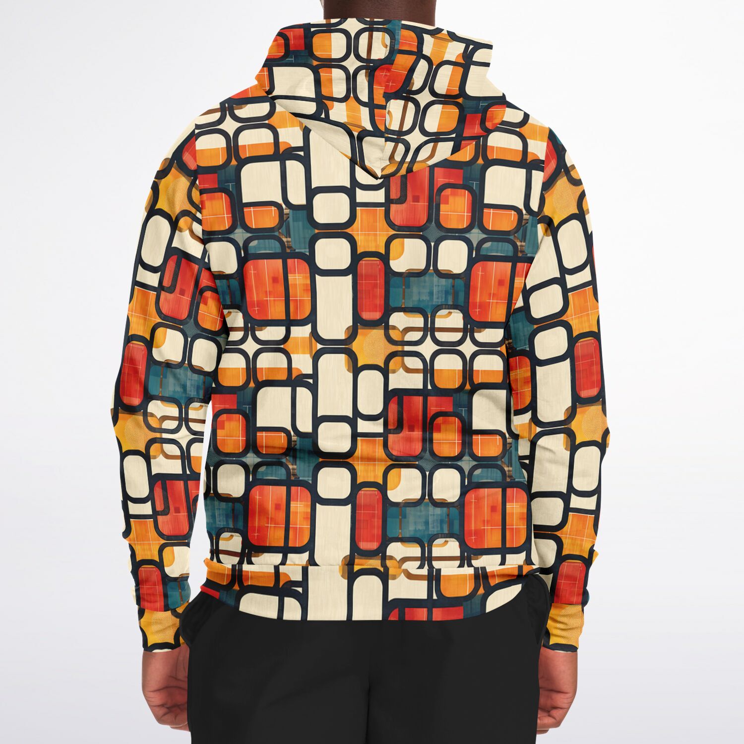 Colorful geometric patterned hoodie on a plain background