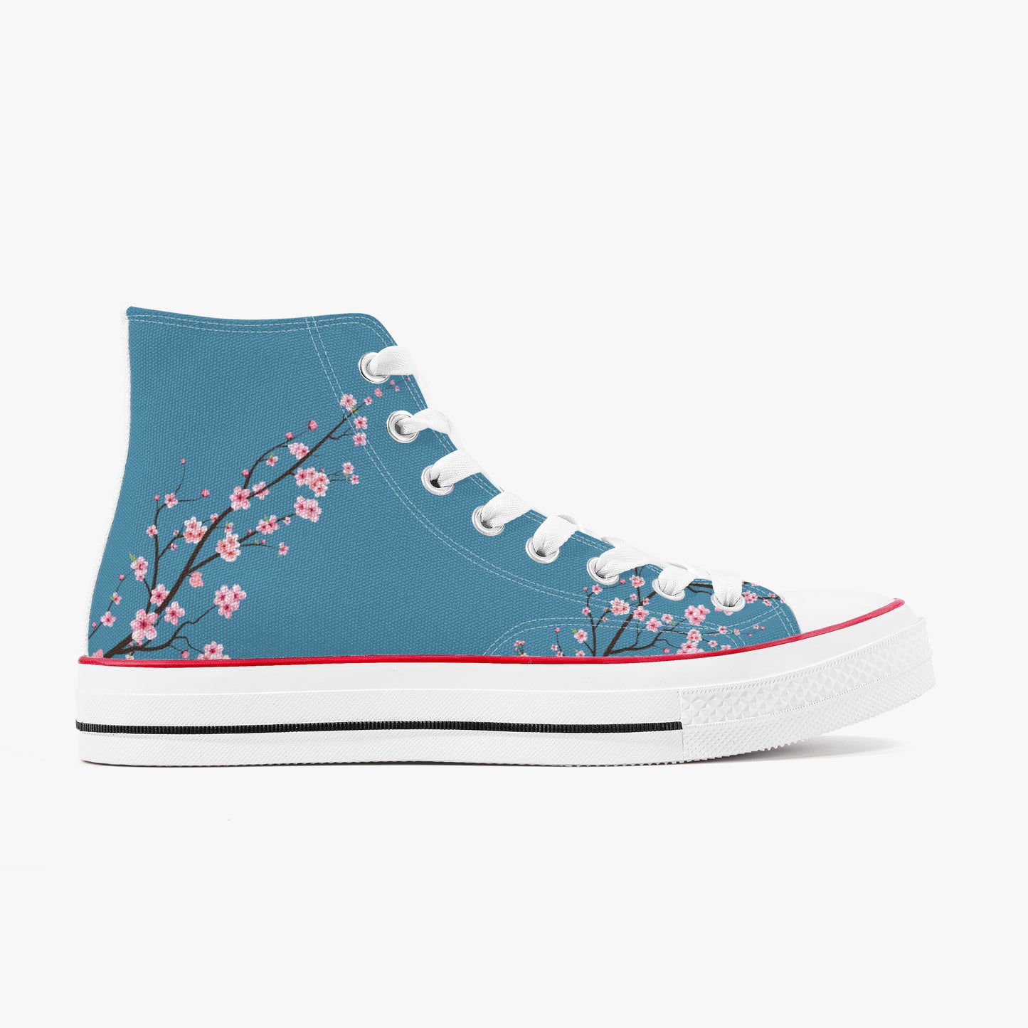 Blue high-top sneaker with floral design on a white background