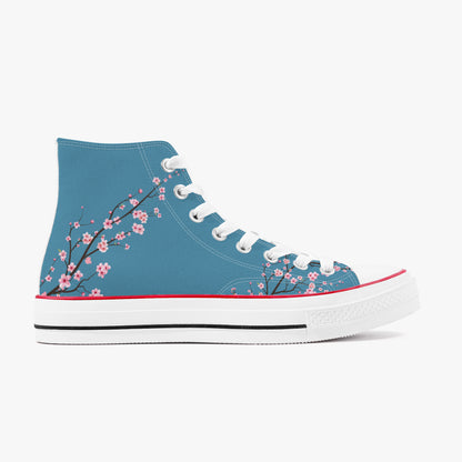 Blue high-top sneaker with floral design on a white background