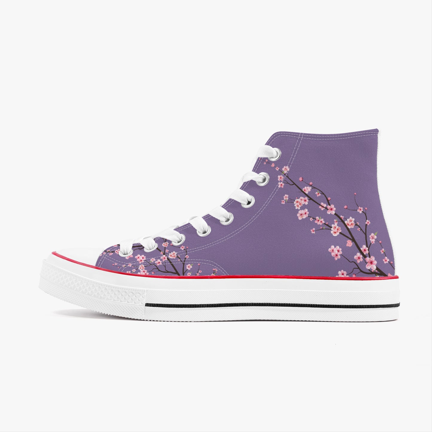 Purple high-top sneaker with floral design on a white background