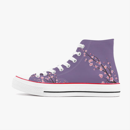Purple high-top sneaker with floral design on a white background
