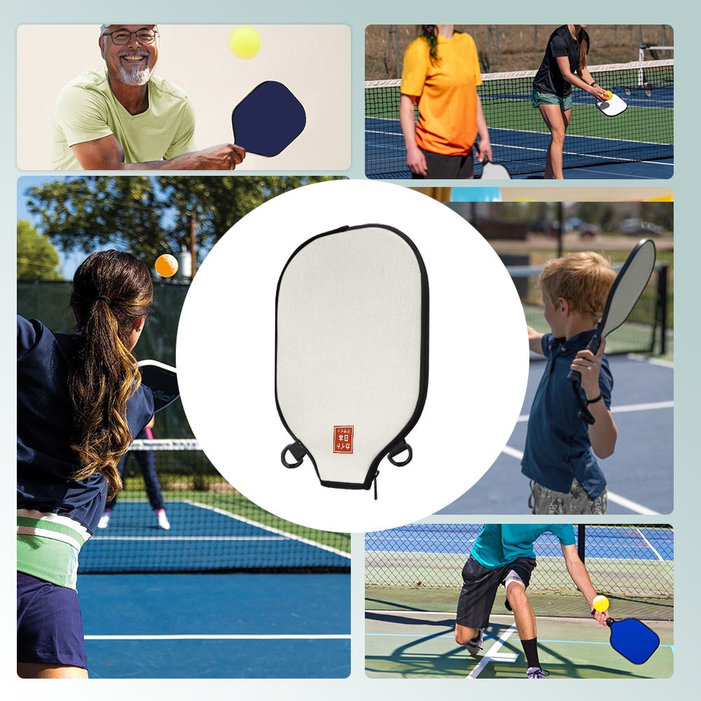 Collage of people playing pickleball with a close-up of a pickleball paddle.