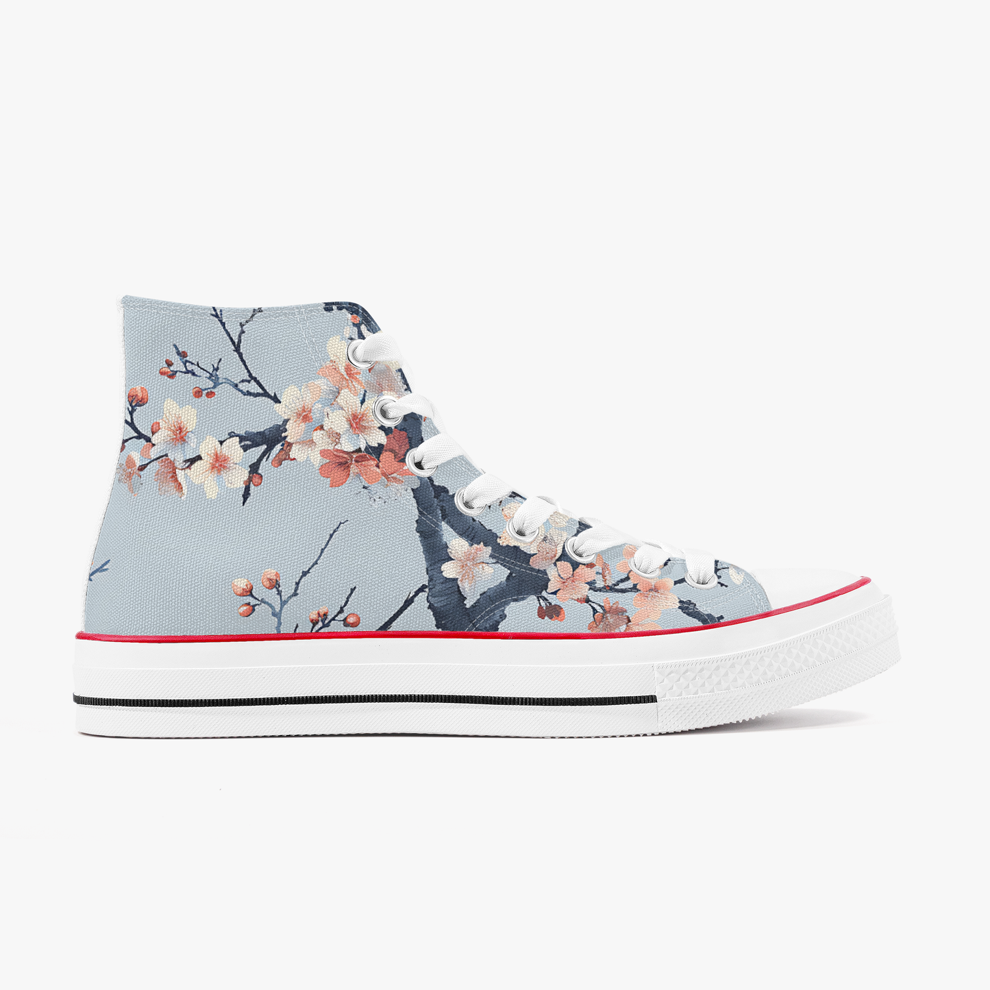 High-top sneakers with floral design on a light blue background