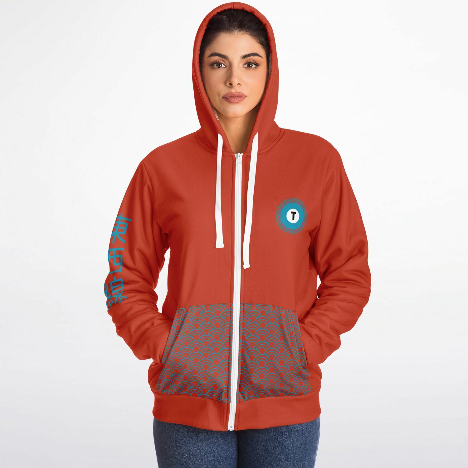 Tozai Line Ultra-Soft Microfleece Orange and Blue Zip Hoodie