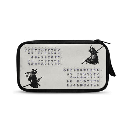 Pouch with samurai design and text on a white background