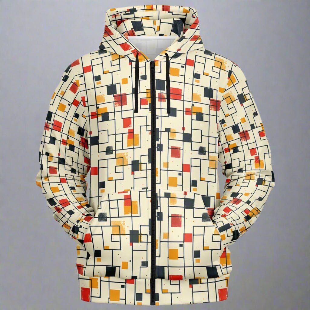 A high-quality black zip-up fashion hoodie featuring a white scattered geometric grid and right-angle pattern inspired by Japanese architectural design.