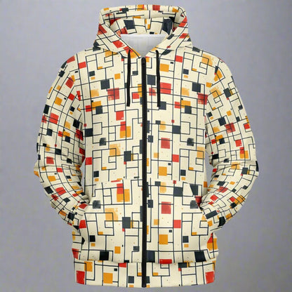 A high-quality black zip-up fashion hoodie featuring a white scattered geometric grid and right-angle pattern inspired by Japanese architectural design.