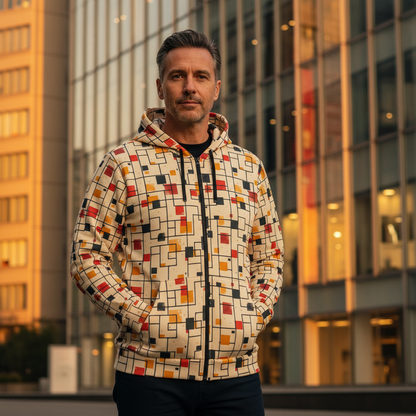 Man wearing a colorful geometric-patterned hoodie in an urban setting