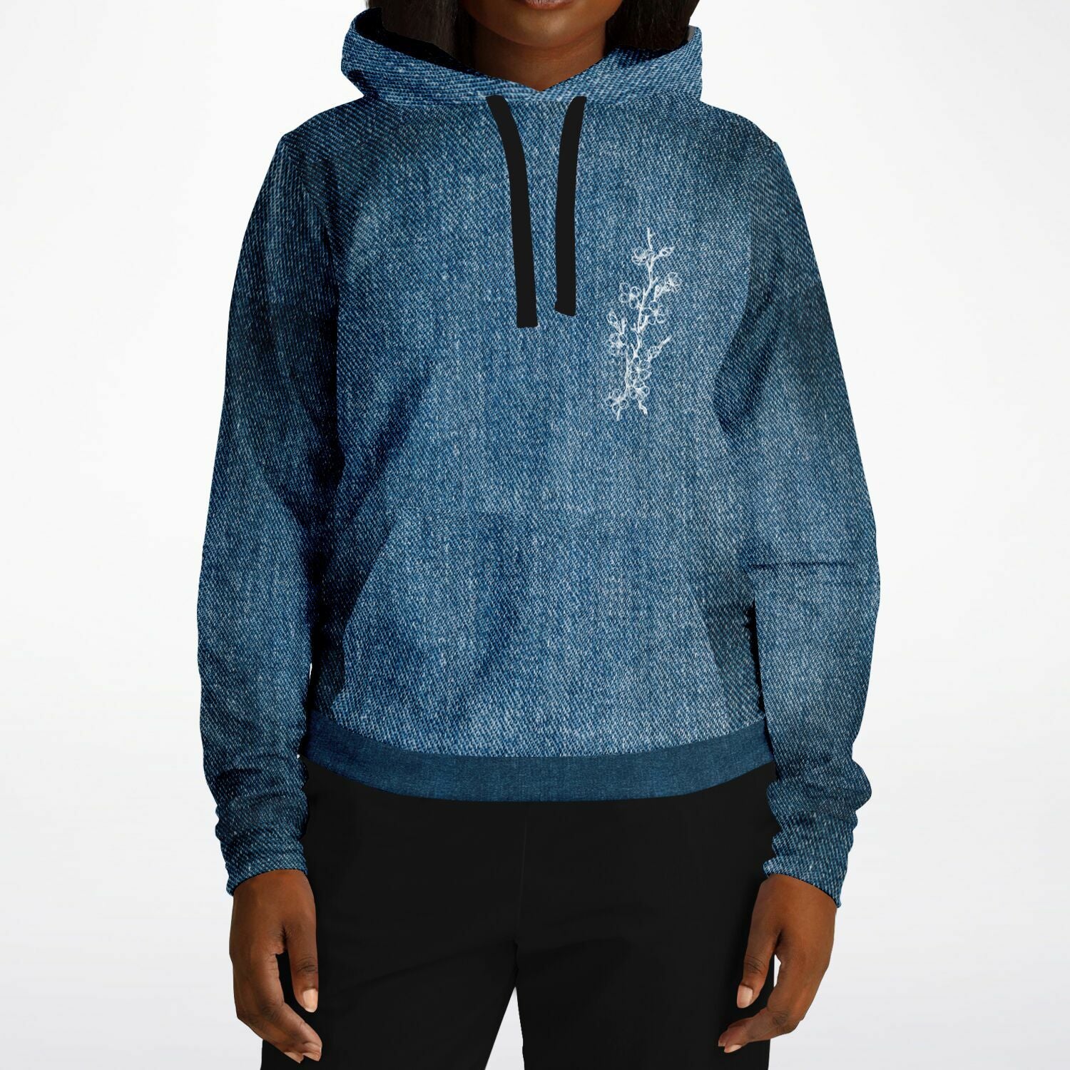 Blue hoodie with black drawstrings and white floral design on a white background