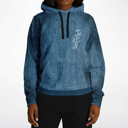 Blue hoodie with black drawstrings and white floral design on a white background