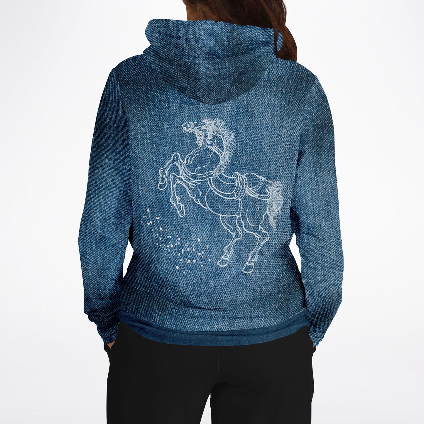 Blue hoodie with a horse design on the back, worn by a person.