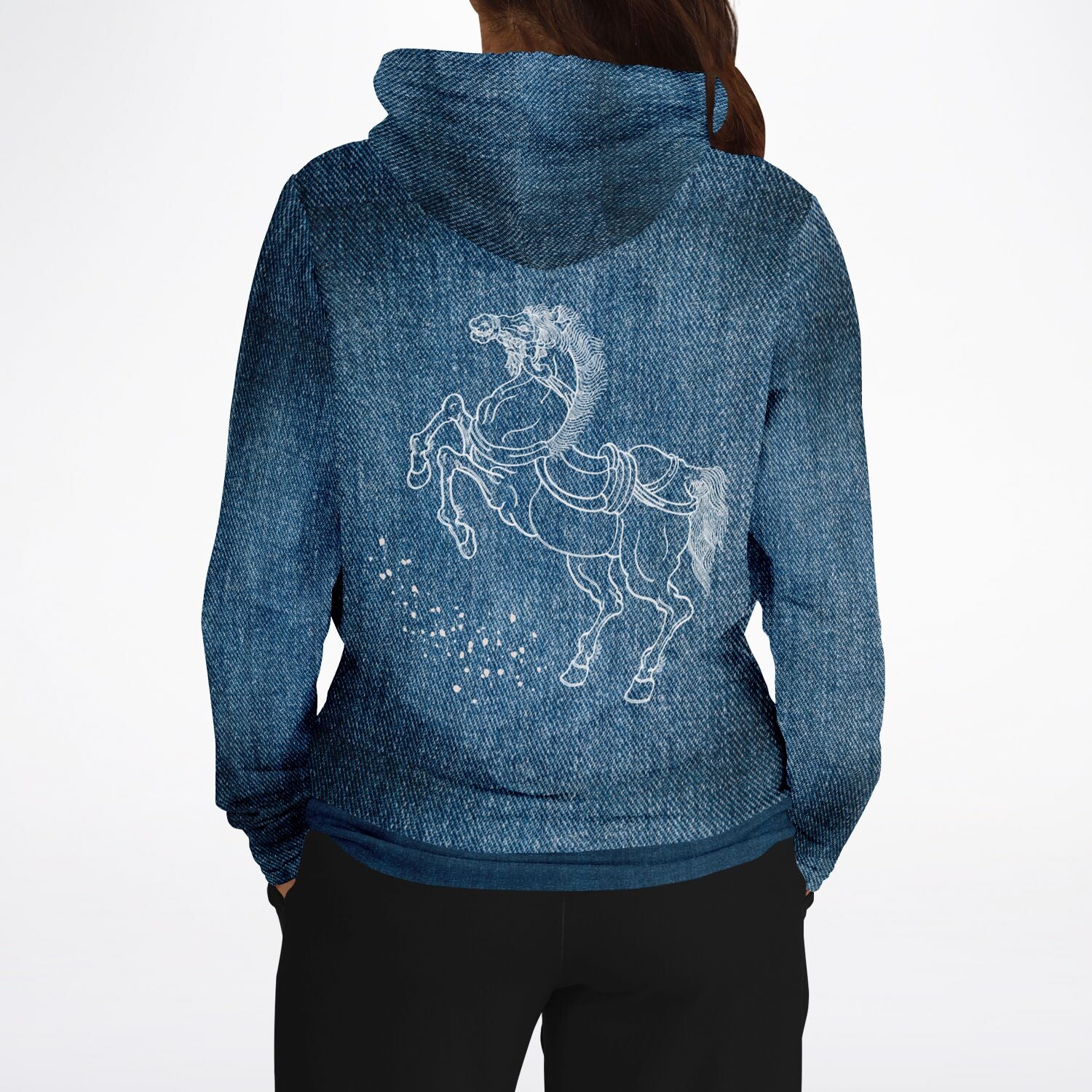 Blue hoodie with a horse design on the back, worn by a person.