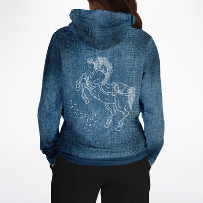 Blue hoodie with a horse design on the back, worn by a person.