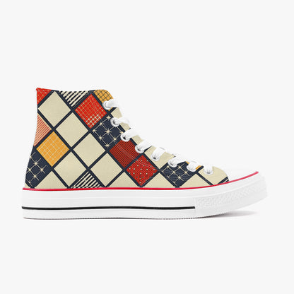 High-top sneaker with a geometric pattern on a white background