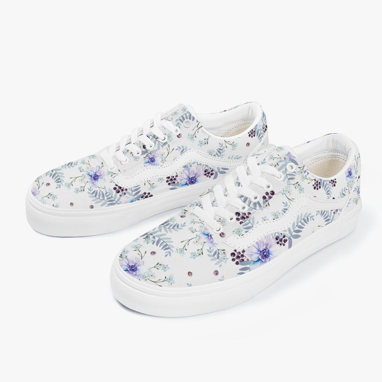 White sneakers with floral pattern on a white background