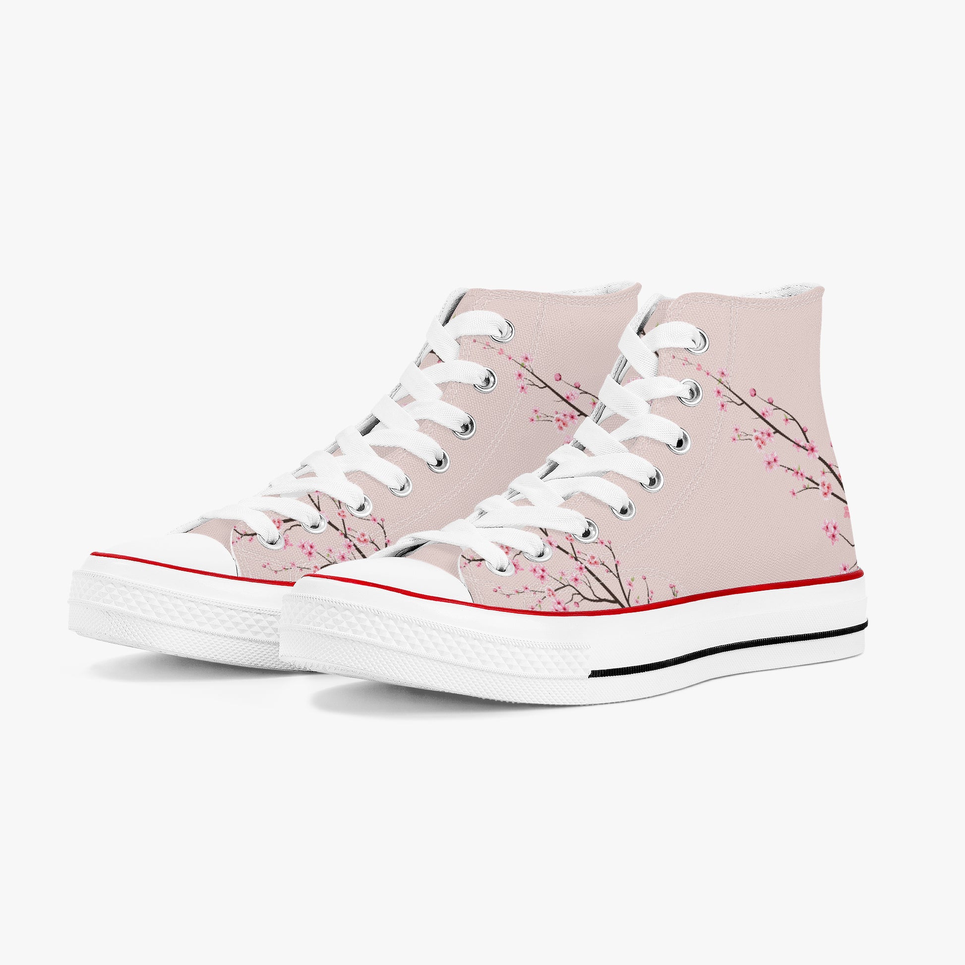 High-top sneakers with cherry blossom design on a light pink background