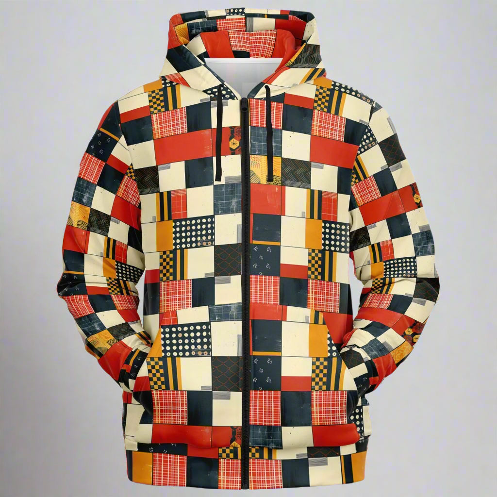 Multicolored patchwork hoodie on a white background