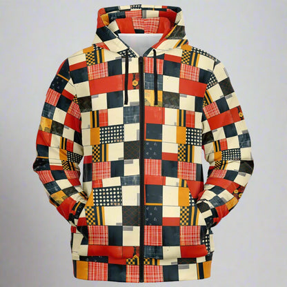 Multicolored patchwork hoodie on a white background