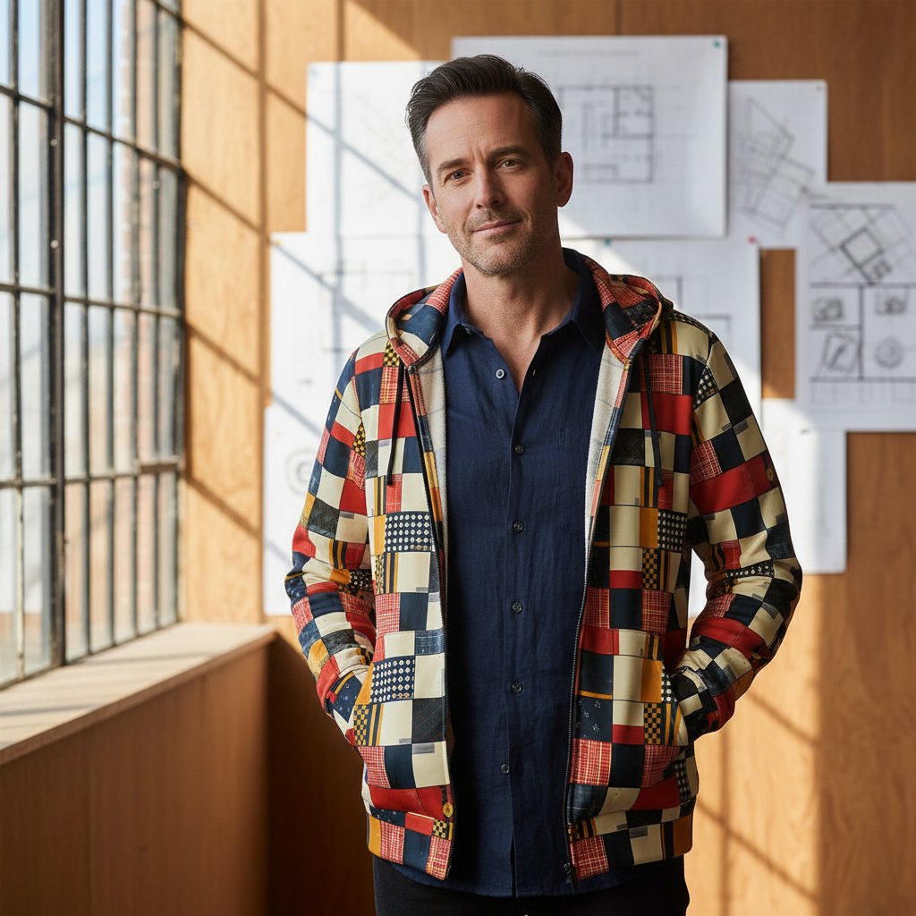 A high-quality black zip-up fashion hoodie featuring an intricate patchwork design of various indigo and vintage Japanese textile patterns, inspired by traditional Boro craftsmanship.