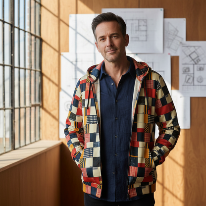 A high-quality black zip-up fashion hoodie featuring an intricate patchwork design of various indigo and vintage Japanese textile patterns, inspired by traditional Boro craftsmanship.