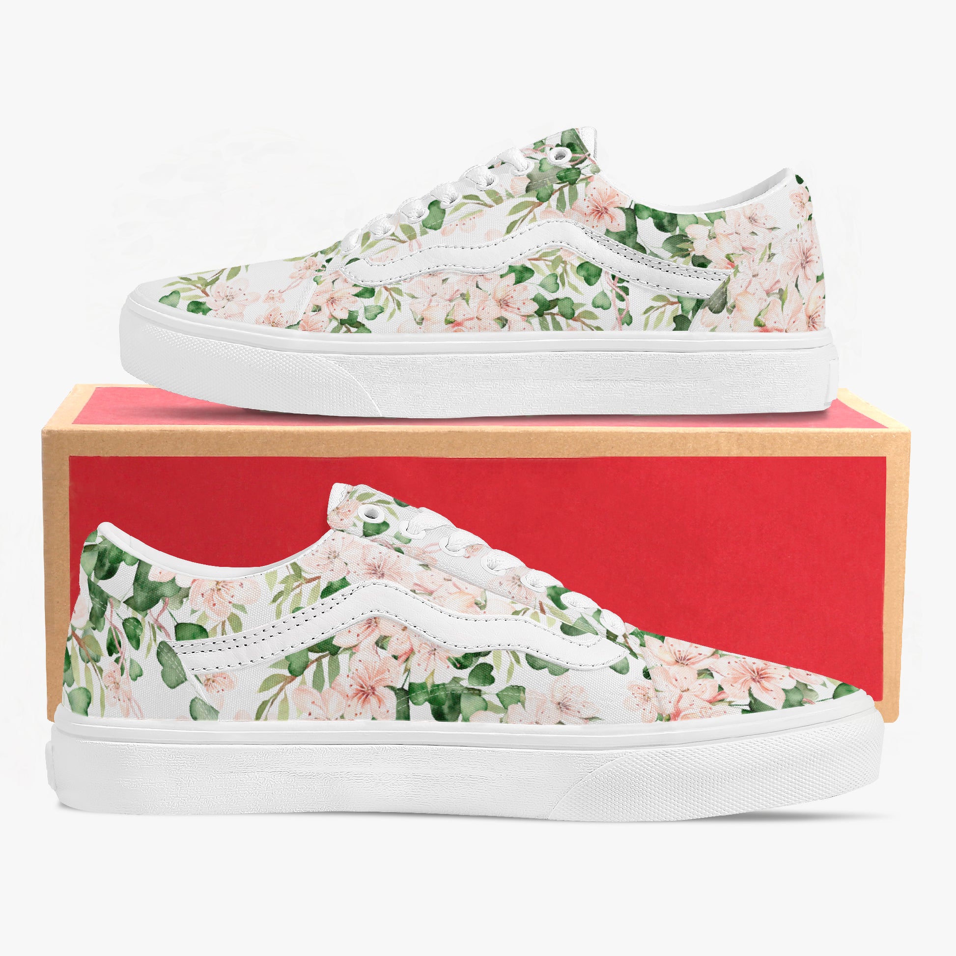 Floral-patterned sneakers with a red box in the background
