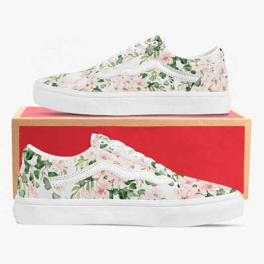 Floral-patterned sneakers with a red box in the background
