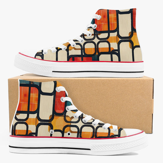 Colorful high-top sneakers with geometric pattern on a cardboard box
