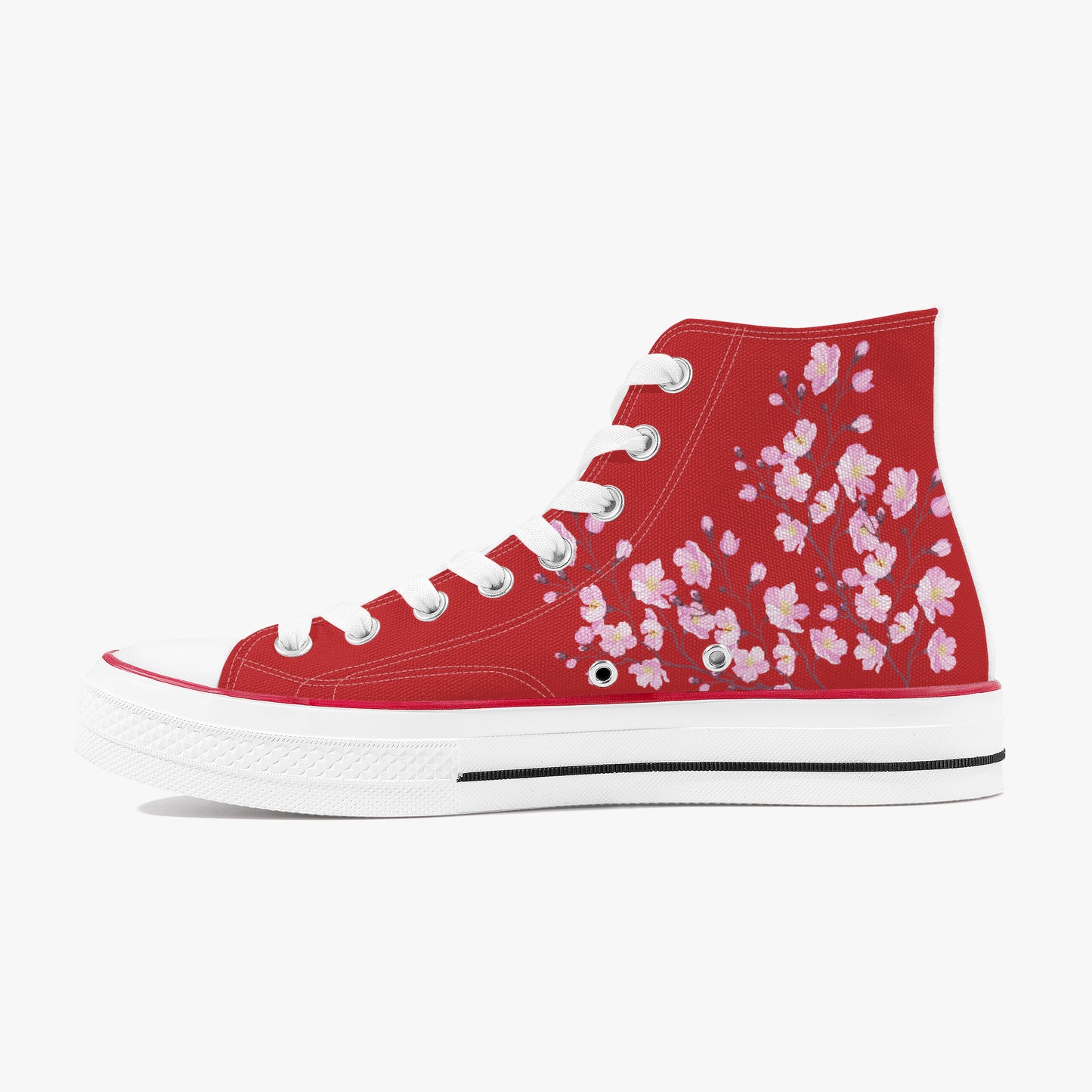 Red high-top sneaker with floral pattern on a white background