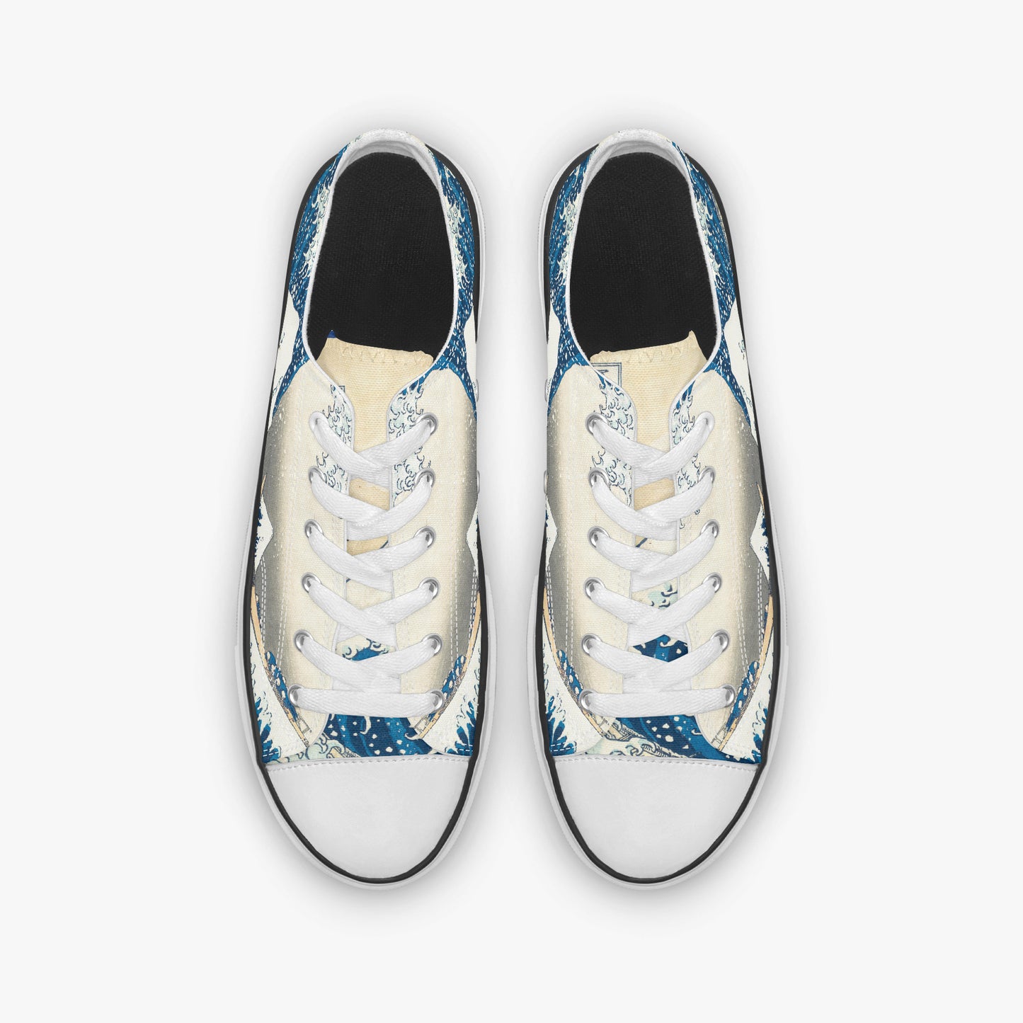 Pair of sneakers with a blue and white pattern on a white background