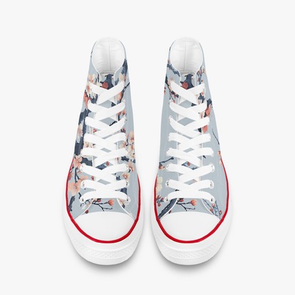 High-top sneakers with floral design on a light blue background