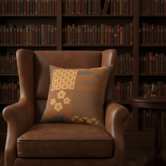 Brown armchair with a patterned pillow in a room filled with bookshelves.