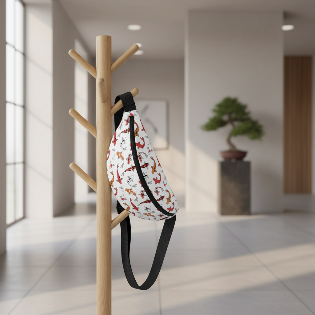 Wooden coat rack with a patterned bag hanging on it in a room with a plant and light-colored floor.