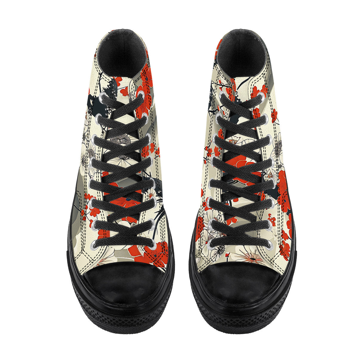 Pair of high-top sneakers with floral pattern on a white background